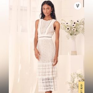 Lulus Garden Soirée White Lace Sleeveless Tiered Midi Dress - Worn Once!